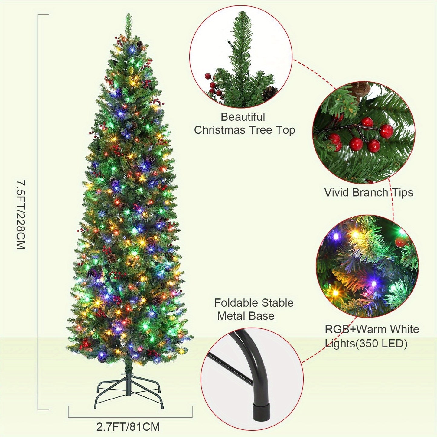 kunstkerstboom – nepkerstboom – kunstboom – kerstversiering – kerstdecoratie – 230 cm groot – 9 lichtstanden met warm wit en multicolor LEDs