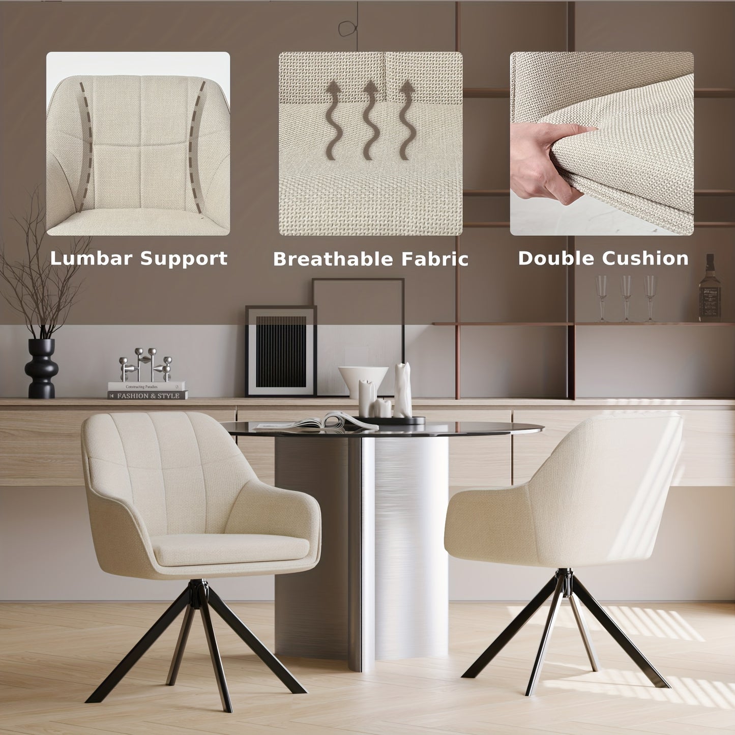 Draaibare Eetkamerstoel – Bureaustoel – Schommelstoel – Armstoel – Eettafelstoel – Set Van 2 – Comfortabel Memory Foam – Metalen Frame Beige