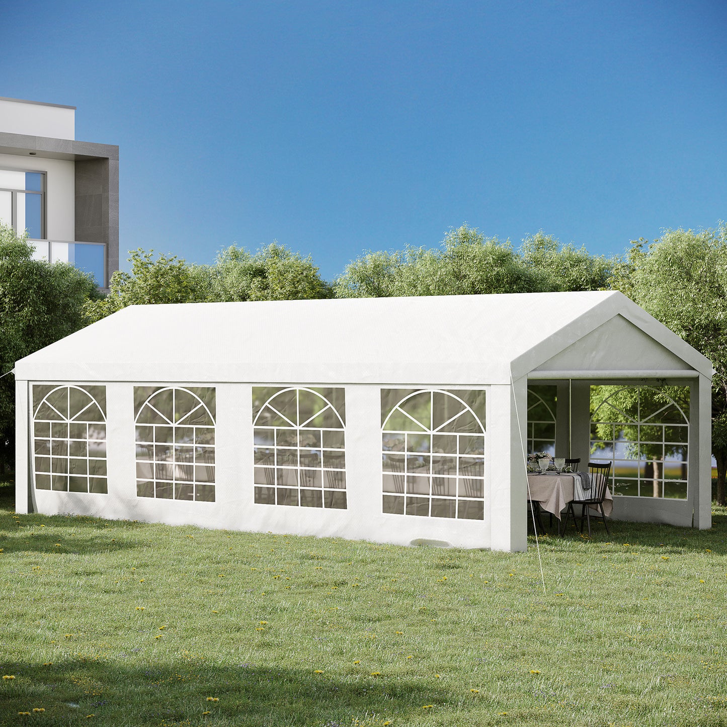 Partytent – Barnum – Tuinent – Tent – Markttent – 8x4 Meter Groot – Gegalvaniseerd Stalen Frame – UV-Bestendig Polyethyleen – Wit – 8 Ramen – Afneembare Zijwanden