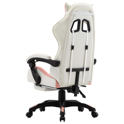 Gamestoel – Gaming Stoel – Game Stoel – Gaming Chair – Racestoel – Verstelbare Rugleuning – Opklapbare Voetensteun Roze/Wit – Kunstleer & Metaal