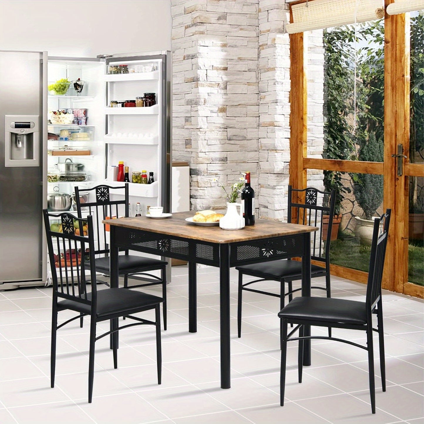 Eettafelset – Eettafel met Stoelen – Tafel En Stoelset – 4 Persoons Eettafel – Zwarte Eetkamer Set – Compact 107 cm Tafel – Comfortabele Foam Stoelen