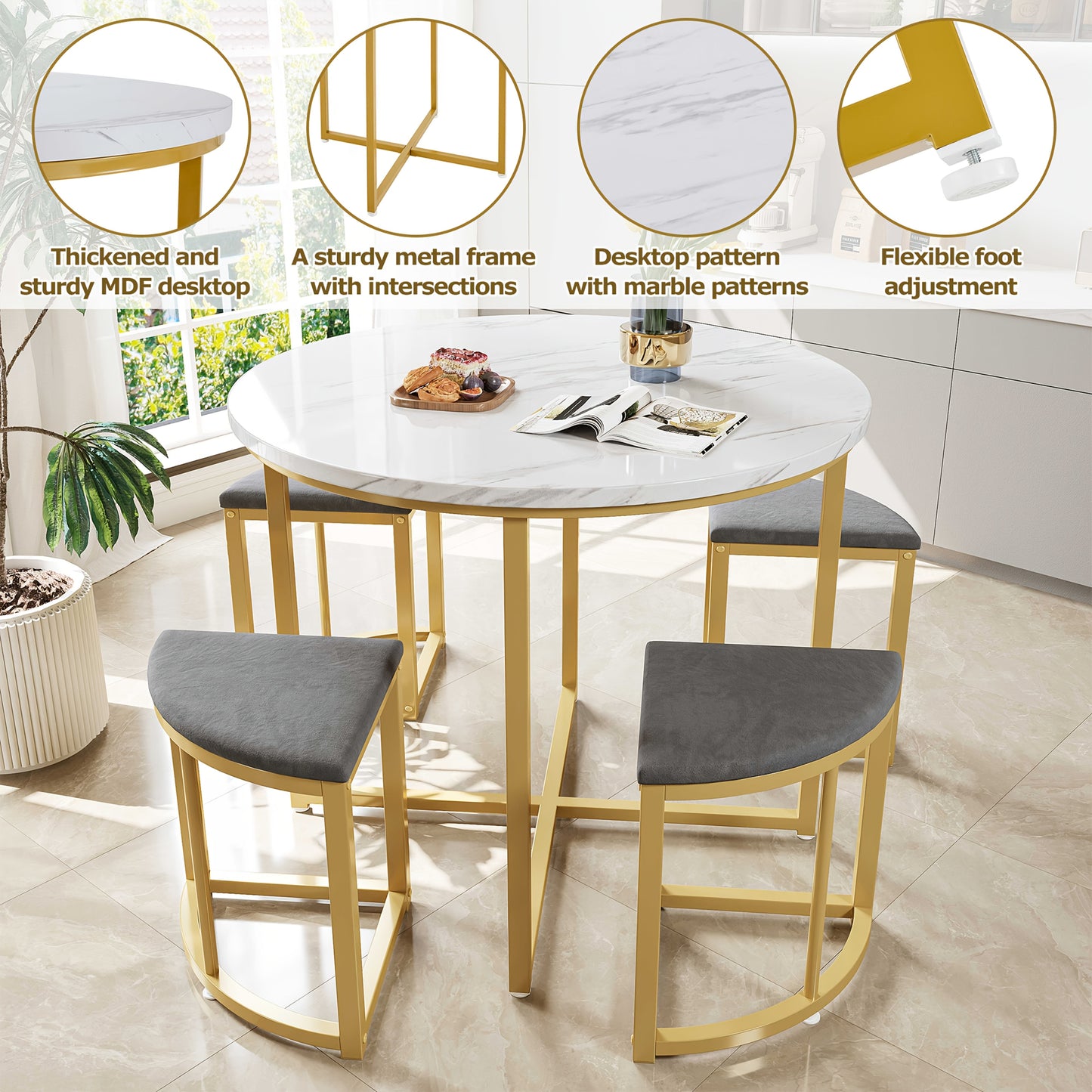 Dining Room Furniture Set, Dining Table and Chairs (Four), MDF Table Top and Gilded Iron Frame Dining Table and Chairs, Velvet Chairs, Modern Luxury Table and Chairs to Ensure Unparalleled Dining Experience