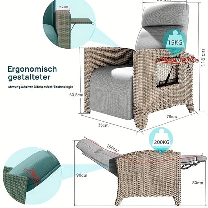 Designer Rattan Sofa & Chair Set - Ergonomic Memory Foam Cushion, Adjustable 160° Reclining Backrest, All-Weather Wicker Patio Furniture with Integrated Side Table, Removable Cushion Cover - Heavy-Duty Outdoor Garden Chair f