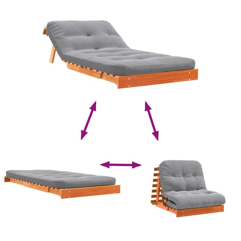 Futonbed – Futonsofa – Logeerbed – Slaapbank – Loungestoel – 80x206x11 cm Matras – Pijnboomhouten Frame – Verwijderbare Bruine Velvet Bekleding