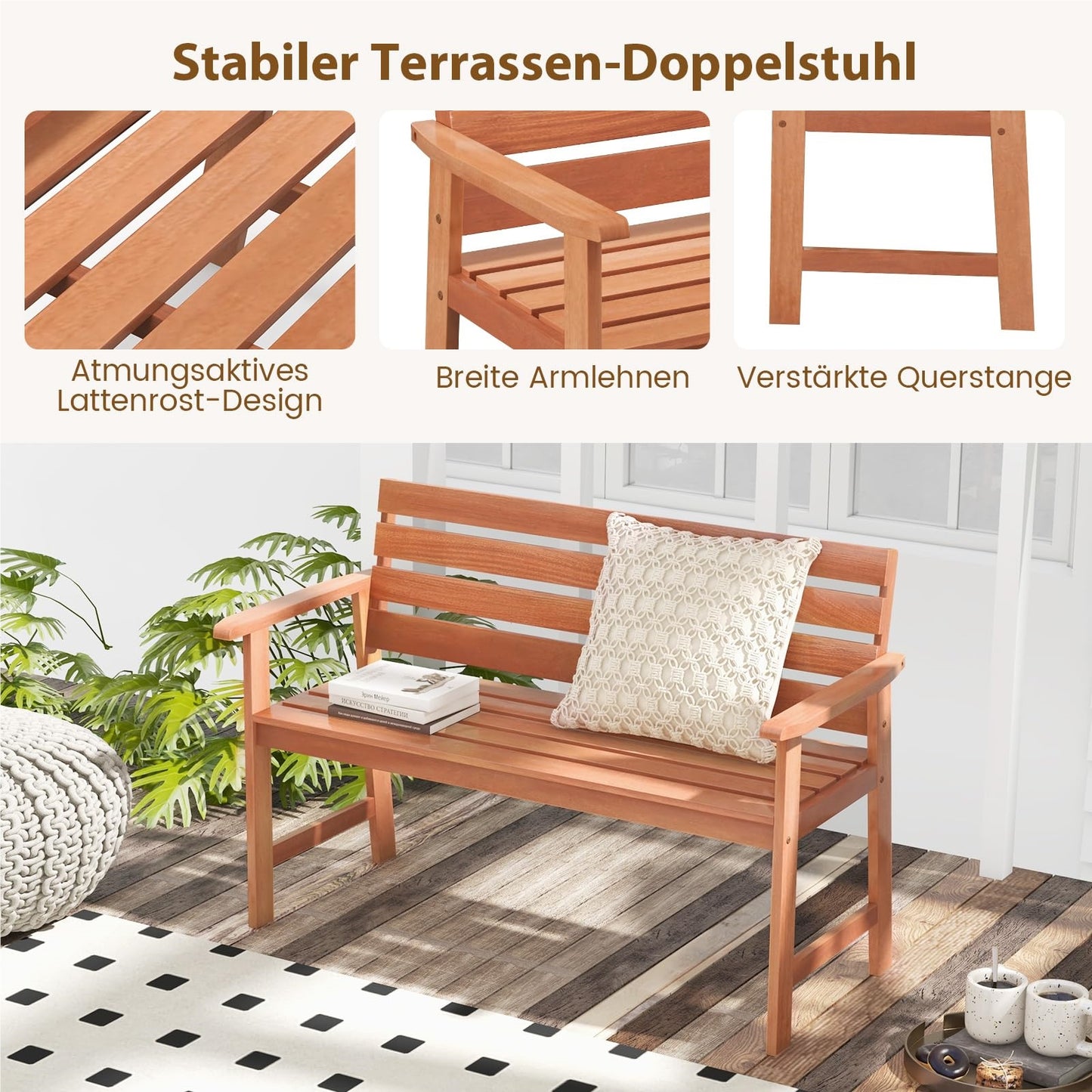Tuinbank – Buitenbank – Balkontafel – Parkbank – Houten Bank – Hardhouten 2-Zits – Weerbestendig – 120,5 x 64 x 84 cm