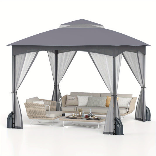 Tuinpaviljoen – Tuinkamer – Terrasoverkapping – Pergola – Buitenverblijf – Insectenwerend Muskietennet – Dubbel Polyester Dak – 305x305 cm Grijs