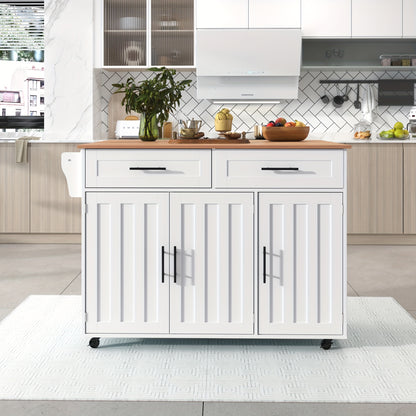 White Modern Mobile Kitchen Island with Folding Table Top, Built-In Shelves & Storage Cabinet, 2 Drawers - Heavy-Duty Metal Frame, Space-Saving Rolling Cart with Breakfast Bar, 129x46x91.5cm, No Electrical Required for Dining