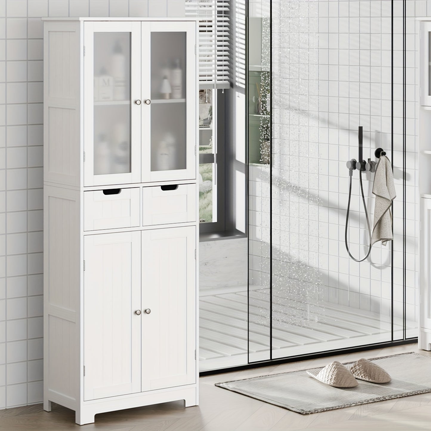 Kealive Modern Tall White Storage Cabinet with 4 Doors & 2 Drawers (Removable) - -Standing MDF/Fiberboard Bookcase Suitable, Bathroom, Living Room - Easy Assembly, Space-Saving Vertical Design