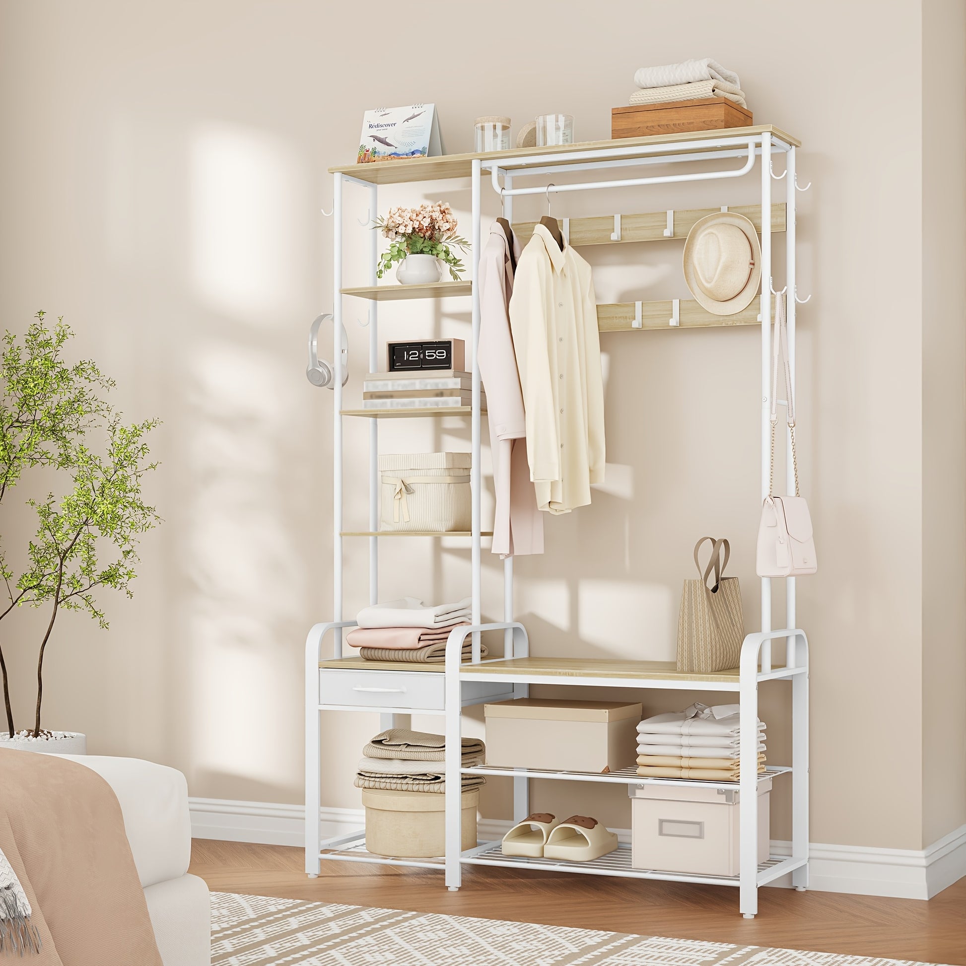 Shoe Rack with Stool, Coat Rack with Three-tier Shoe Bench And 1 Drawer, 5-in-1 Clothes Rack with 17 Hooks, 1 Hanging Rail, 4 Side Shelves, White - QUORE
