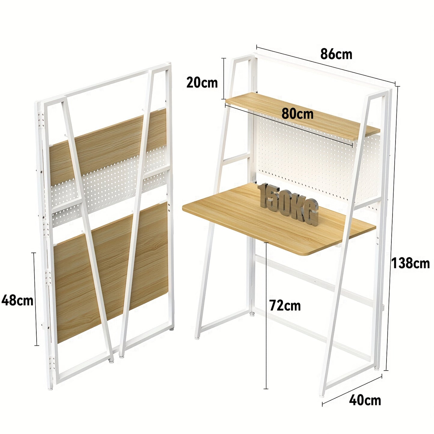 Bureau – Werkplek – Computertafel – Schrijftafel – Bureautafel – Eikenhout Met Wit Metalen Frame – Inclusief Opbergrek – Compact 138x40x86 cm