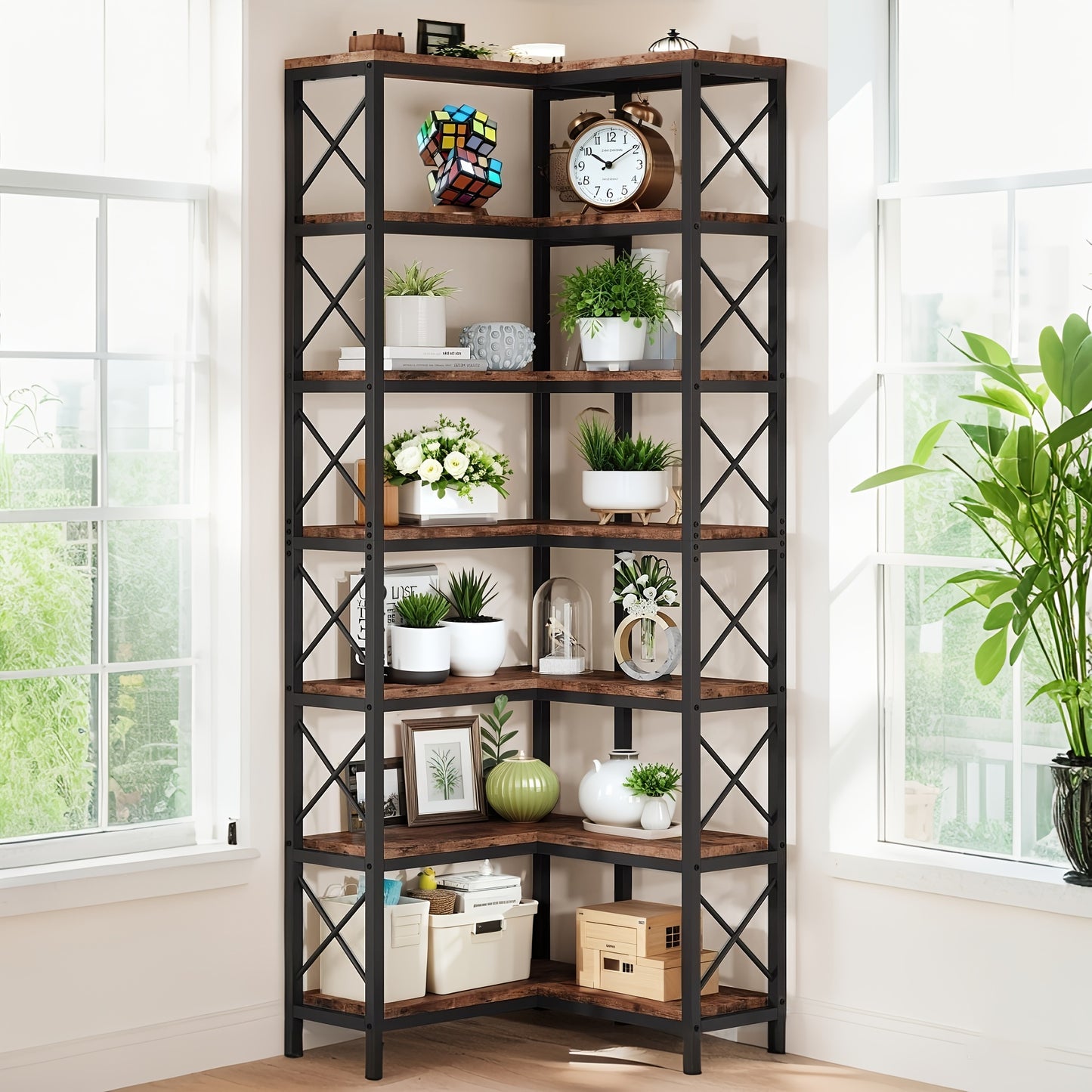 Boekenrek – Boekenkast – Hoekboekenplank – Opbergkast – Vakkenkast – 7-laags – Industrieel design – Metaal & Hout – 60x60x201 cm – 11,34 kg draagvermogen per plank