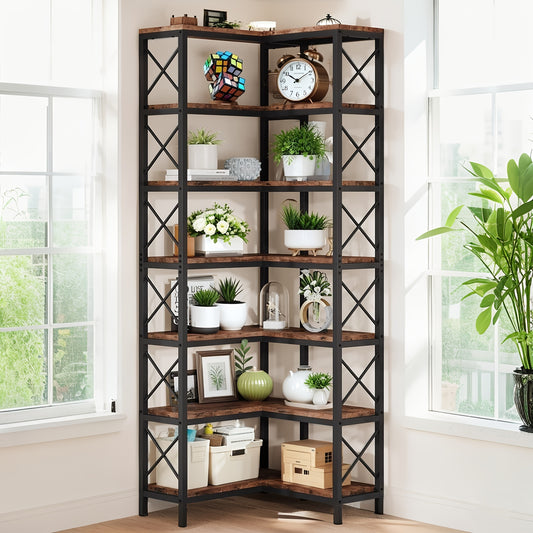 Boekenrek – Boekenkast – Hoekboekenplank – Opbergkast – Vakkenkast – 7-laags – Industrieel design – Metaal & Hout – 60x60x201 cm – 11,34 kg draagvermogen per plank