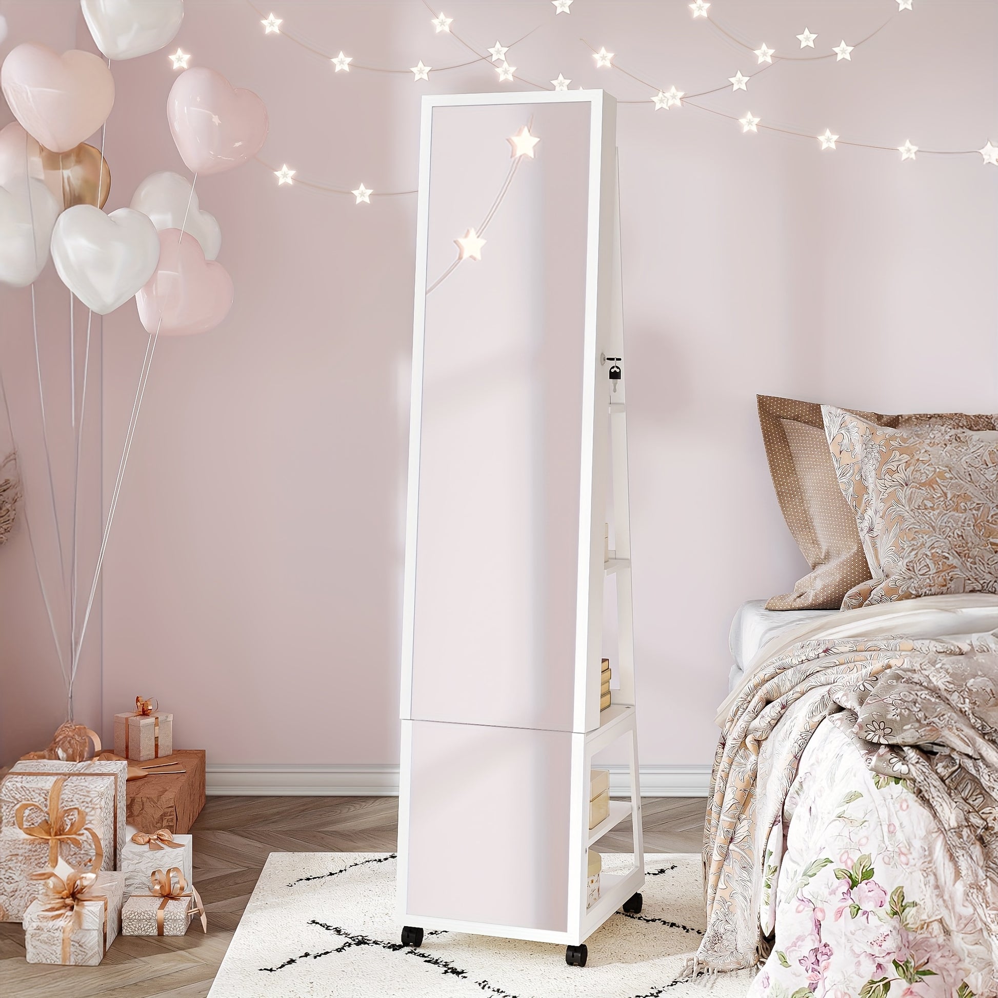6 LEDs Jewelry Cabinet, 159 Cm High Jewelry Cabinet Organizer, Lockable In Full Length Of Mirror With 4 Wheels, Large 5-animal Jewelry Storage Rack, White, Jewelry Armoires - QUORE