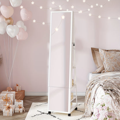 6 LEDs Jewelry Cabinet, 159 Cm High Jewelry Cabinet Organizer, Lockable In Full Length Of Mirror With 4 Wheels, Large 5-animal Jewelry Storage Rack, White, Jewelry Armoires - QUORE
