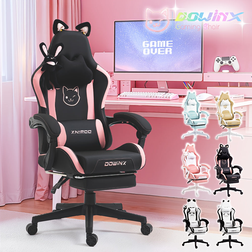 Ergonomic Pink Office Chair with Adjustable Height, Headrest & Lumbar Support - Cute Doll Design, 360° Swivel Base, 5-Point Adjustable Armrests, 5-Point Adjustable Footrest, 5-Point Adjustable Backrest, 5-Point Adjustable Se