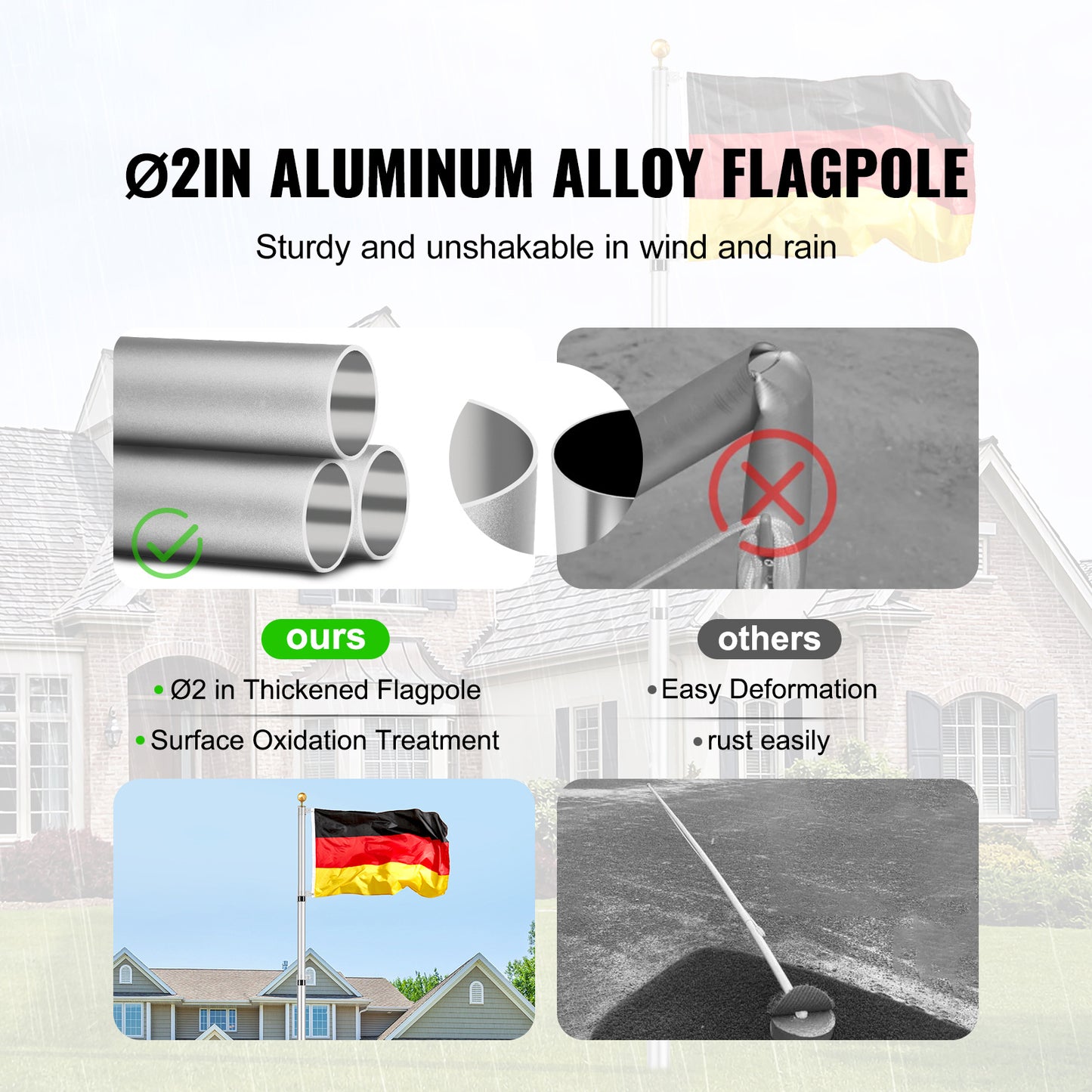Vlaggenstok – Vlaggenmast – Telescopische Mast – Uitschuifbare Vlaggenstok – Aluminium Mast – 9 Meter Hoogte – Weerbestendig Aluminium