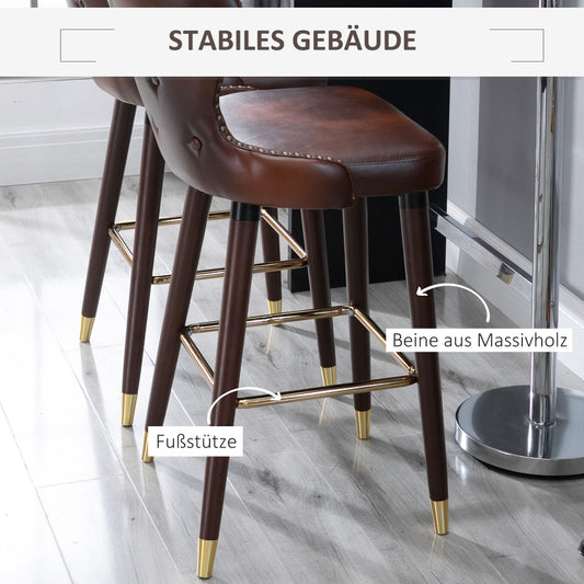 Barstoel – Barkruk – Barstoelen – Keukenstoel – Counterstoel – Set Van 2 – PU Bruin – Met Rugleuning En Voetensteun – Metalen Poten Met Gouden Afwerking – Compact Ontwerp 52x53x101 cm