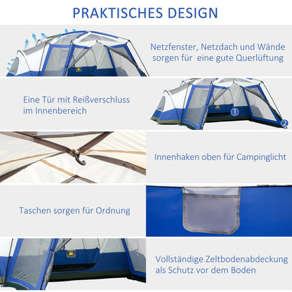 Familietent – Kampeertent – Trektent – Festivaltent – Dome Tent – Waterdicht PU 3000mm – Ruim voor 6-8 Personen – Blauw