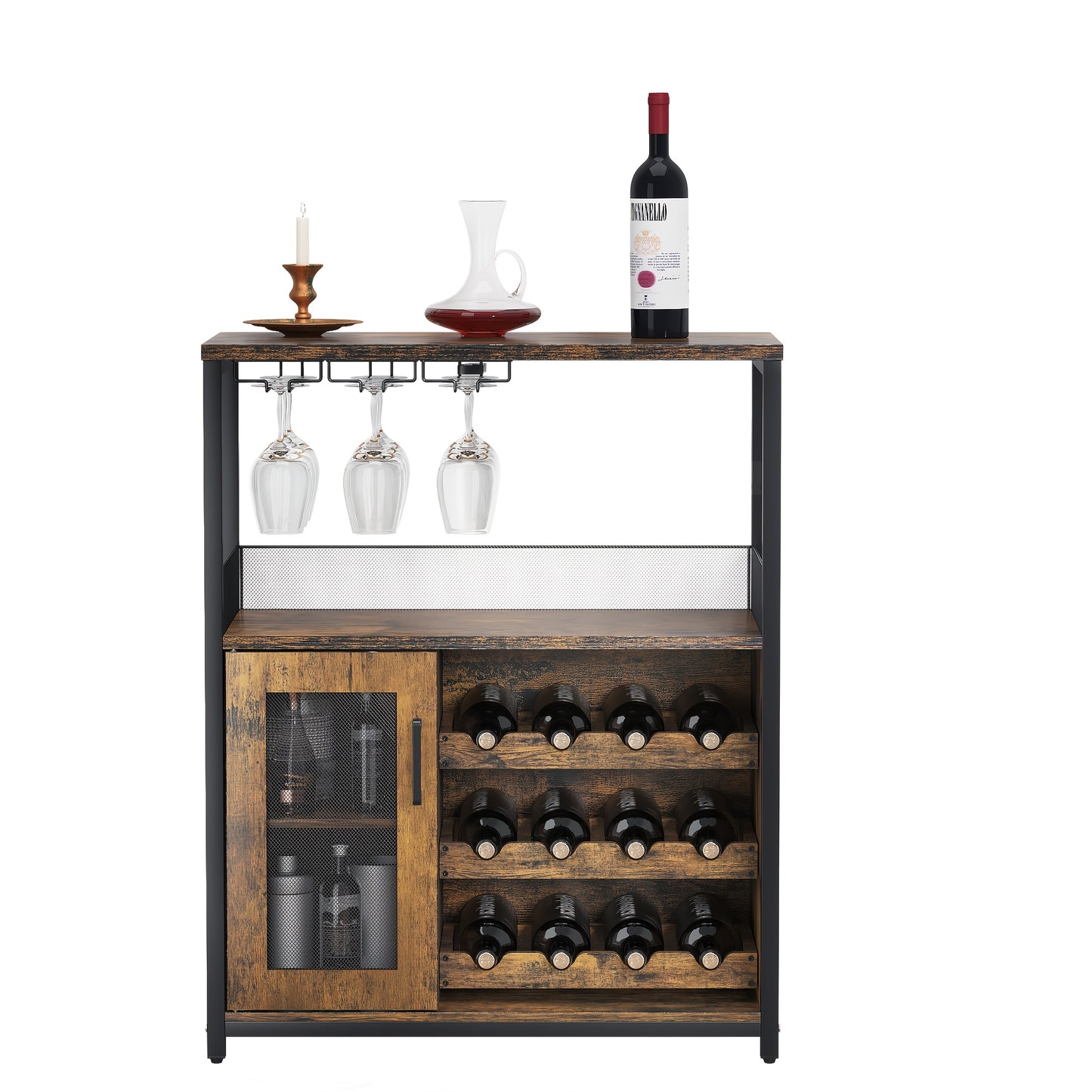 Koffiebarkast – Wijnrek – Buffetkast – Barmeubel – Opbergkast – Vrijstaand – 12 Wijnfles Houder – 9 Wijnglazen Rek – Ruim Werkblad – Mesh Deurtje Storage