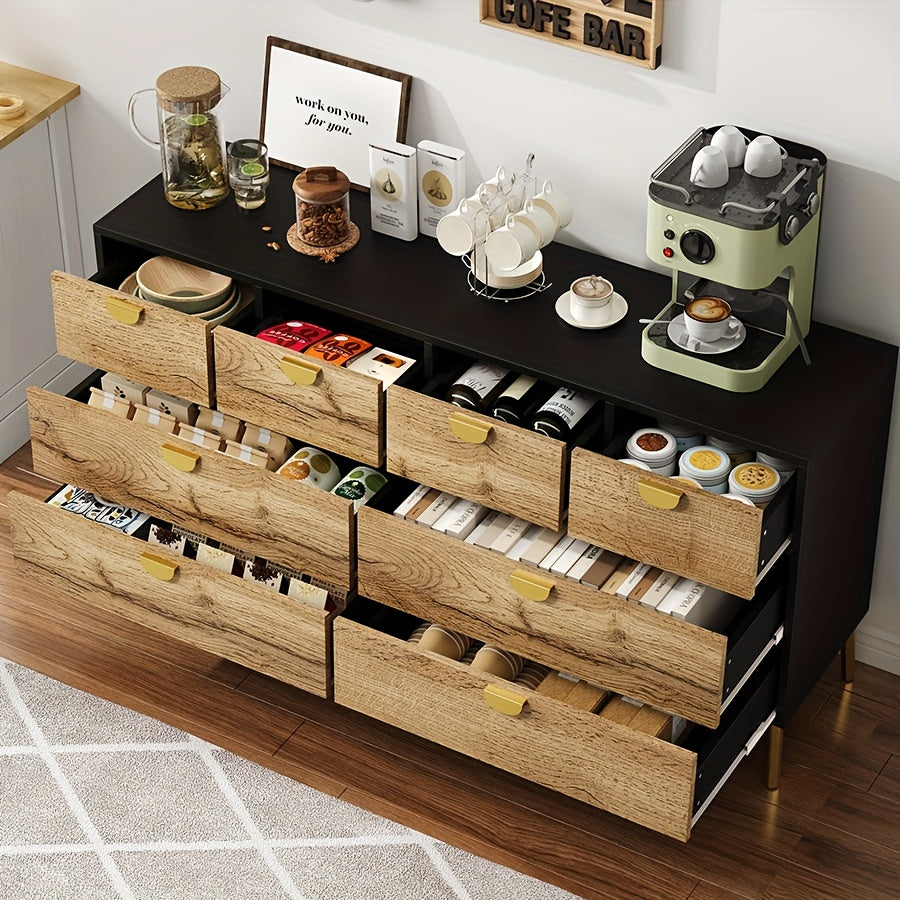 Dressoir – Buffetkast – Opbergkast – Sideboard – Commode – 8 Laden – Vrijstaand – Modern Design – Donkere Deuren – Gouden Poten – Zonder Elektriciteit – Ruime Opbergruimte