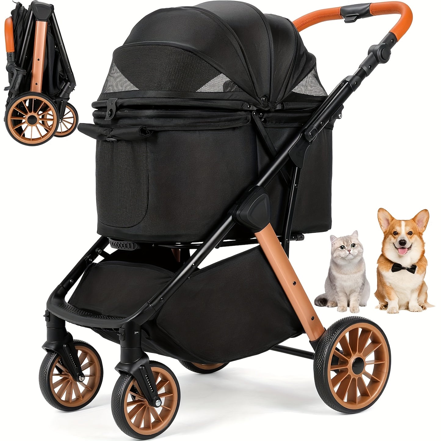 Hondenbuggy – Dierenwagen – Huisdierenwagen – Kattenbuggy – Opvouwbare Buggy – Zwart – Inklapbaar Met Eén-Klik – Verstelbaar Handvat – Voor Huisdieren Tot 25 Kg