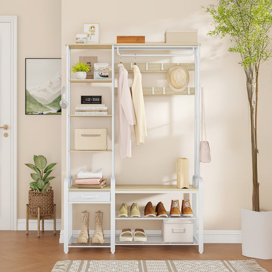 Kapstok 5-in-1 – Kapstok met Zitbank – Schoenenrek – Jassenrek – Opbergkast – Golden Oak-Wit – Inclusief 17 Haken en 3-laags schoenenrek