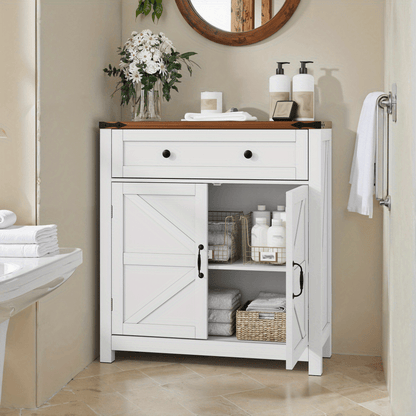 Cabinets with drawers and adjustable shelves, white kitchen cabinets with walnut countertops, modern coffee bar-style storage cabinets, suitable for kitchens, dining rooms, bathrooms and entrance areas.
