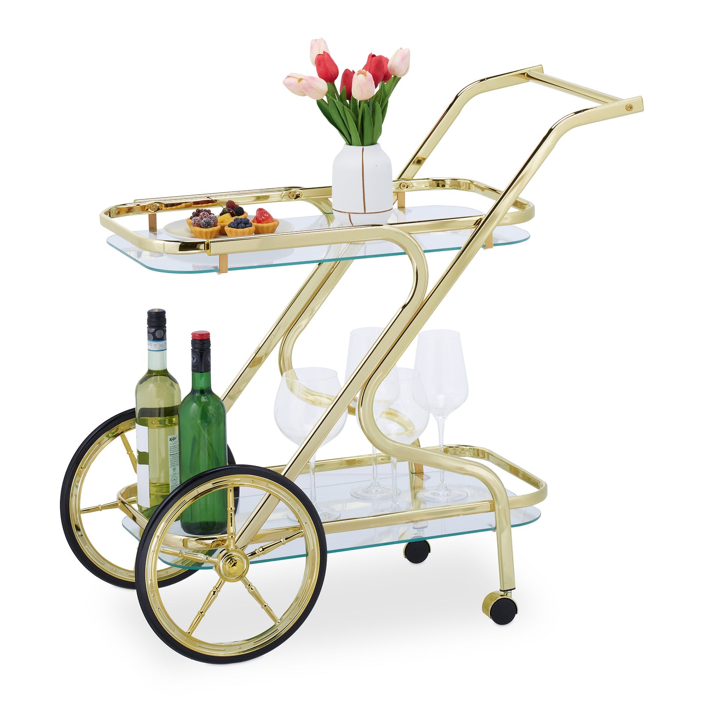 Serveerwagen Messing – Serveerwagen Op Wielen – Theewagen – Trolley – Dressoir – Met 2 Glazen Planken – Stevig Metalen Frame
