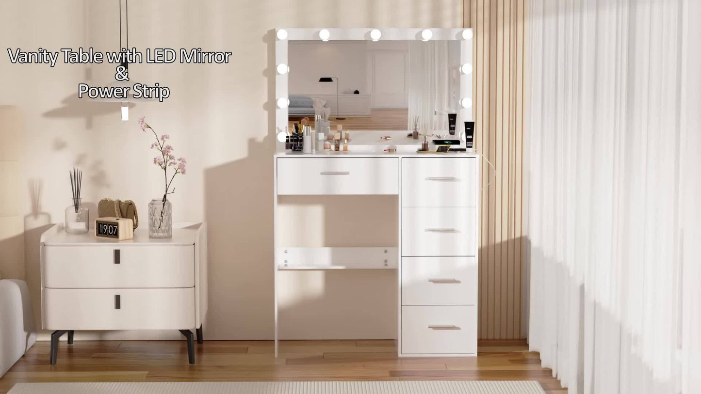 Kaptafel – Make-up Tafel – Cosmeticatafel – Opmaaktafel – Dressing Table – Wit – LED-Verlichting – 5 Lades