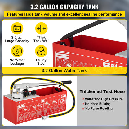 Druktestpomp – Hydrostatische Testpomp – Handpomp – Waterdruktester – Drukmeter – 60 Bar Max Testdruk – 12 Liter Waterreservoir