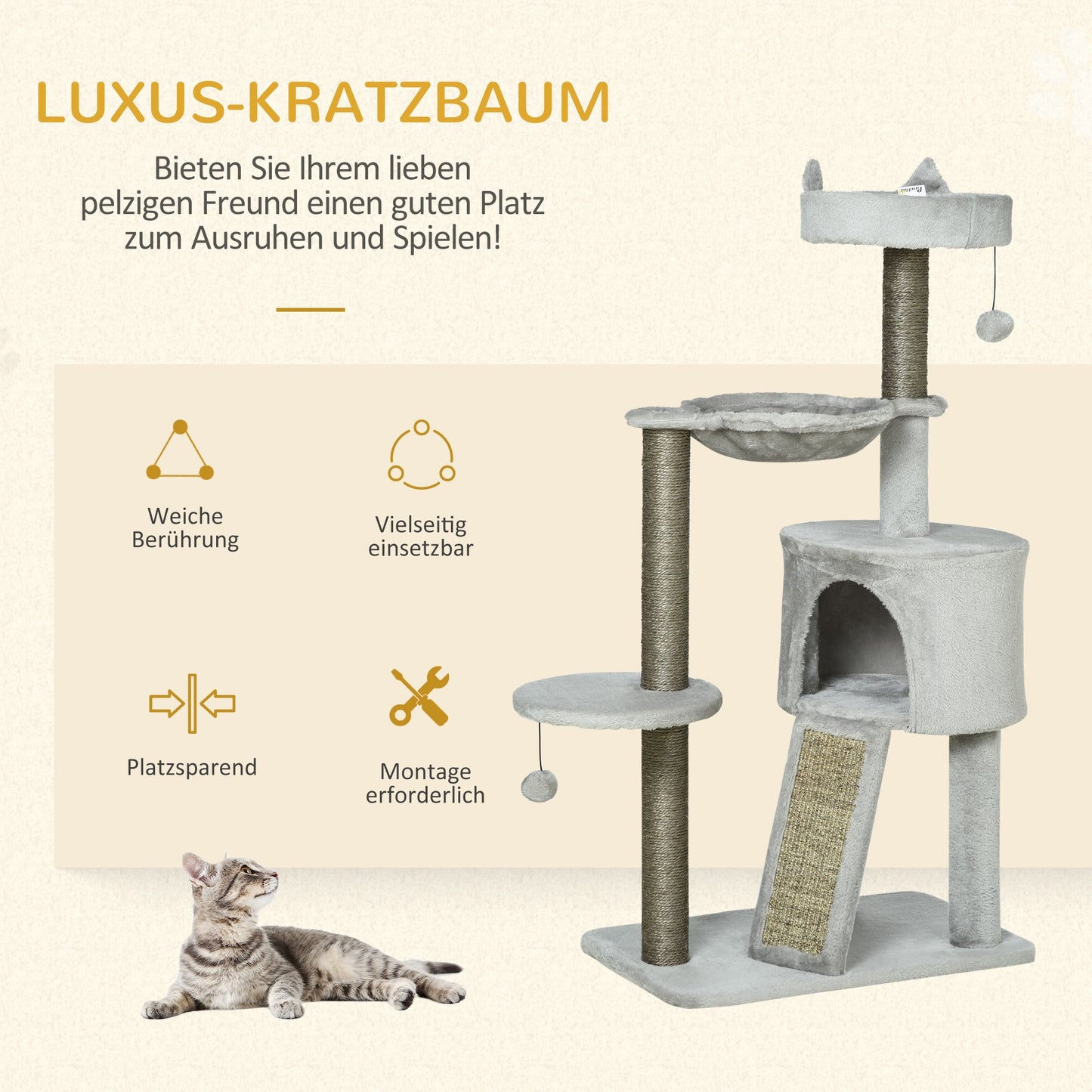 Krabpaal – Kattenkrabpaal – Katzenbaum – Krabmeubel – Kattenhuis – Inclusief Kattenhol En Hangmat – Compact 60x40x113 Cm – Lichtgrijs Met Sisal Touwen