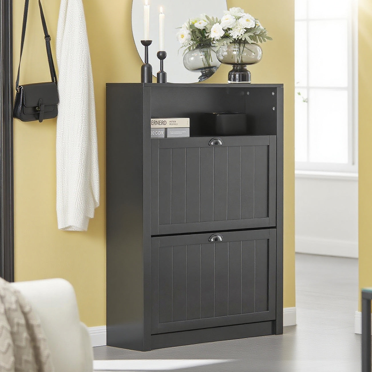 Schoenenkast – Schoenopberger – Schoenrek – Schoenmeubel – Dressoir – Wit – Twee Inklapbare Lades – Glazen Bovenblad
