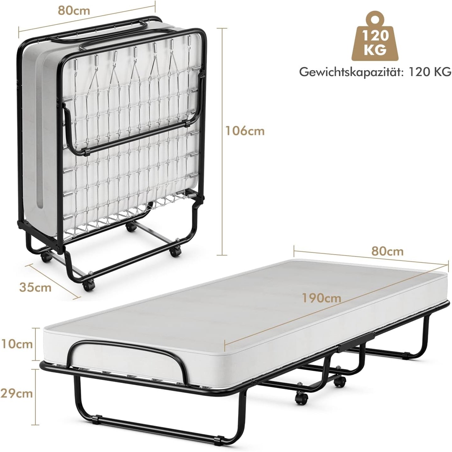Opvouwbed – Logeerbed – Opklapbed – Eenpersoonsbed – Extra Bed – Traagschuim Matras 10 cm – Stalen Frame 120 kg Draagkracht