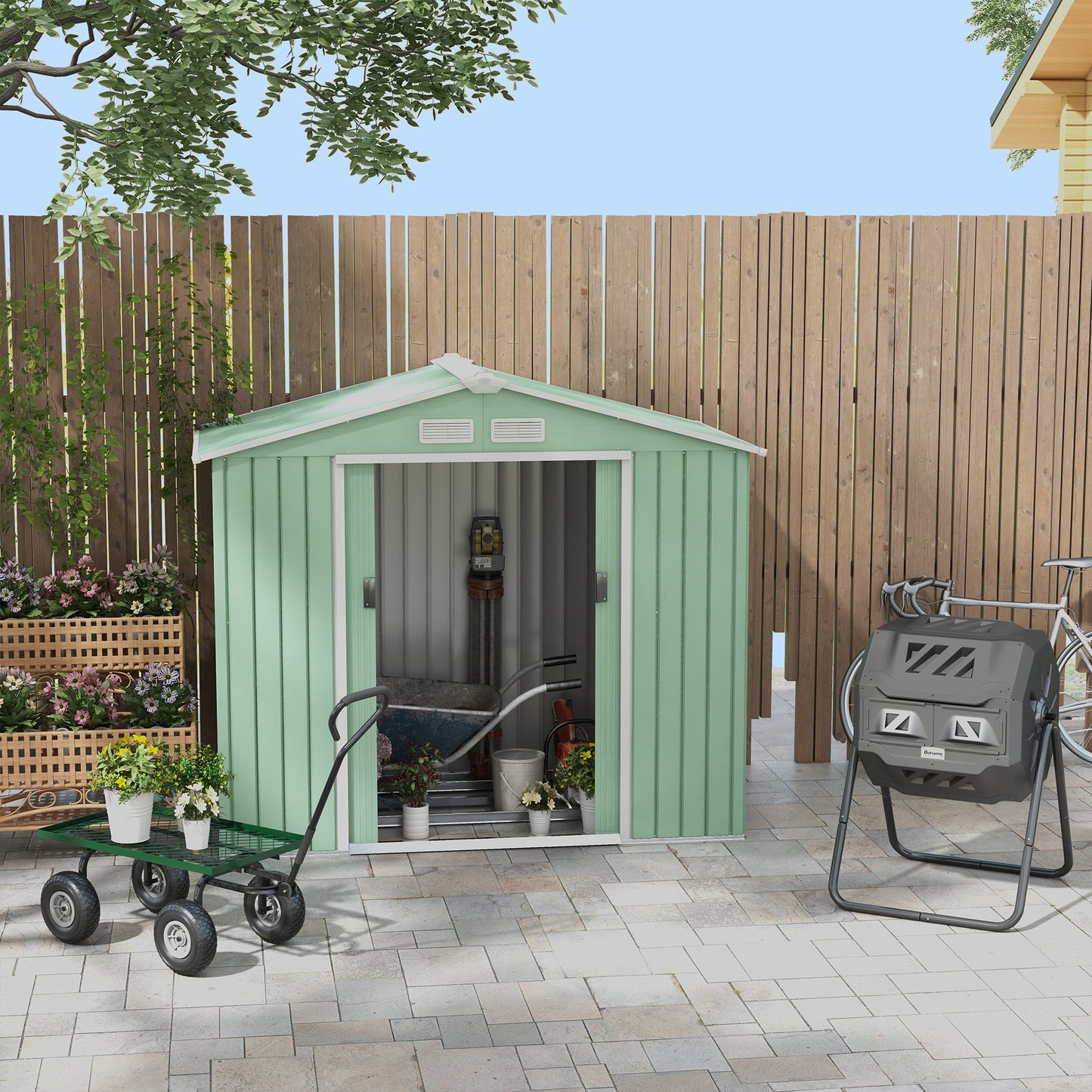 Tuinhuisje – Tuinschuur – Tuinberging – Gereedschapsschuur – Lichtgroen – 2,5 m² – Gegalvaniseerd Staal – Afsluitbare Dubbele Deuren