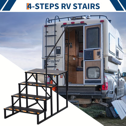 4-Step RV Stairs with Handrail, Portable Camper Steps for Travel Trailer & Hot Tub, Outdoor Stair with Non-Slip Treads and Powder Coated Frame, Hot Tub Access, Sturdy Handrail
