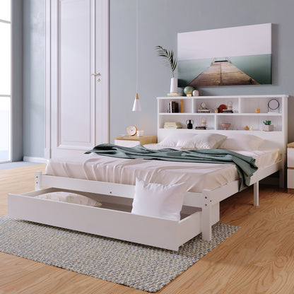 Beddenkasten – Bed Met Opbergruimte – Tweepersoonsbed – Ledikant – Slaapbank – Wit Modern Tweepersoonsbed 140x200 cm – Opberglades Onder Bed – Hoofdbord Met 6 Vakken