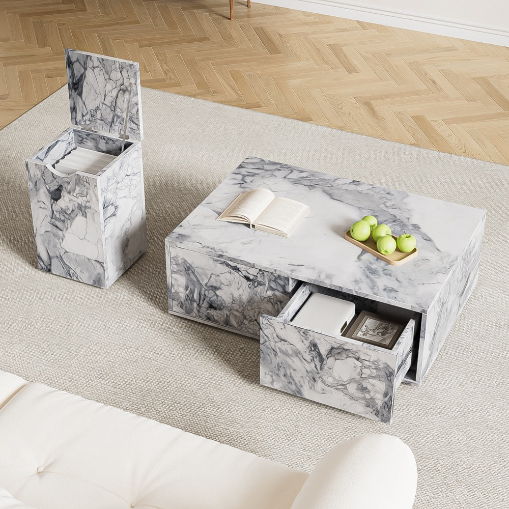 Salontafel – Bijzettafel – Koffietafel – Sofa Tafel – Balkon Tafel – Marmerlook MDF – Set Van 2 – Met Opbergruimte – Flexibel Plaatsbaar