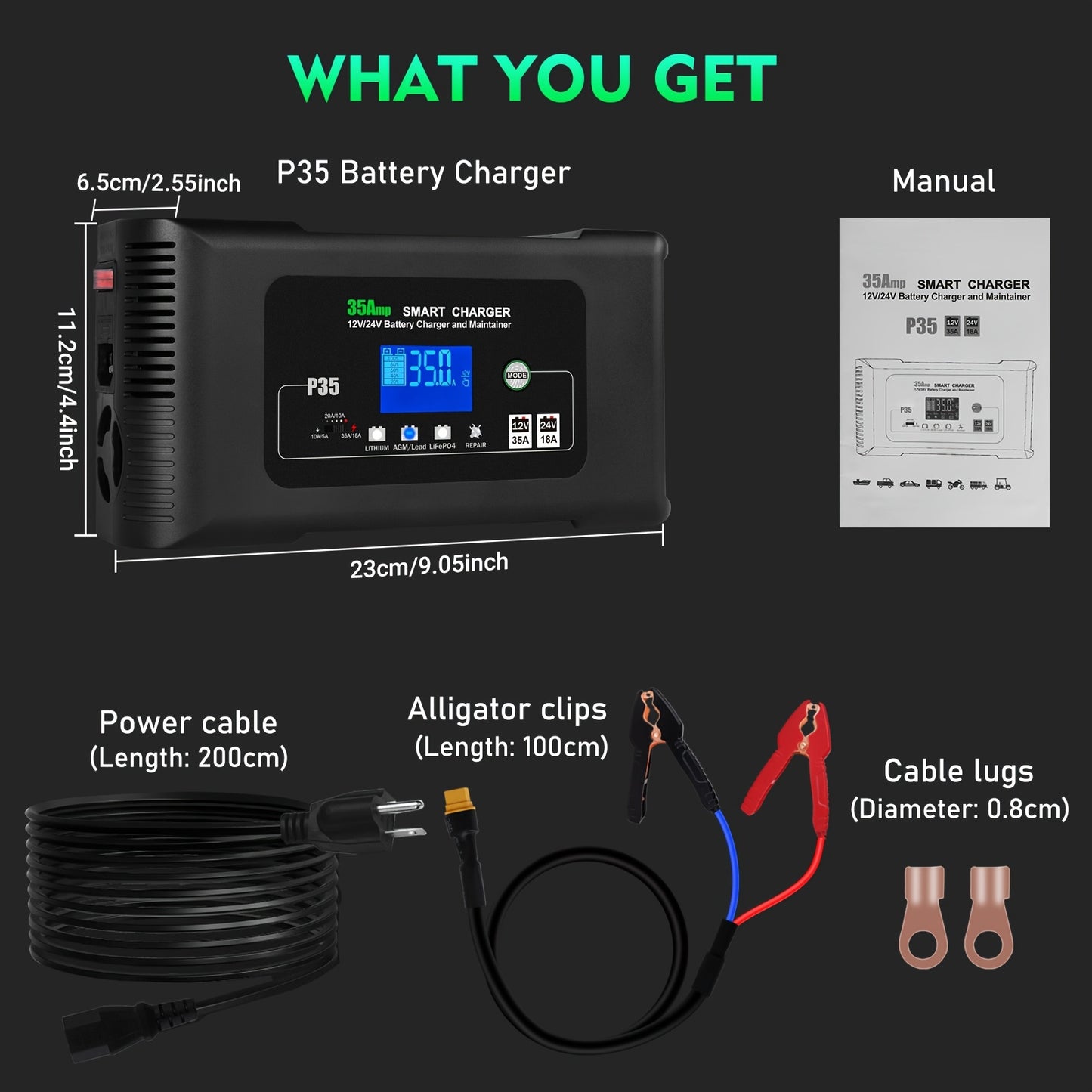 Acculader – Batterijlader – Batterijoplader – Lithiumlader – Druppellader – 35A 12V/18A 24V – Slimme LiFePO4 Onderhoudsfunctie – Overladingsbeveiliging