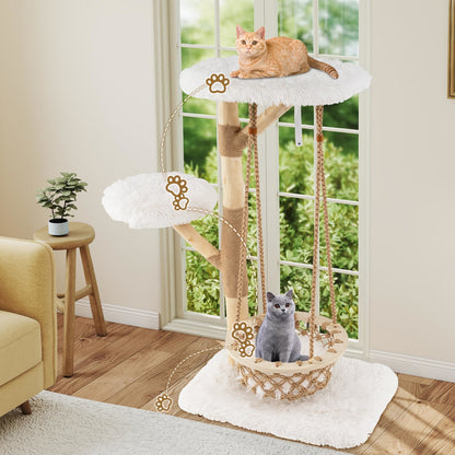 Kattenboom – Kattenkrabpaal – Kattenhuis – Kattenmeubel – Kattenklimtoestel – Stevig Perenhout & Wit MDF – Zachte Schommelhangmat met Afneembaar Kussen