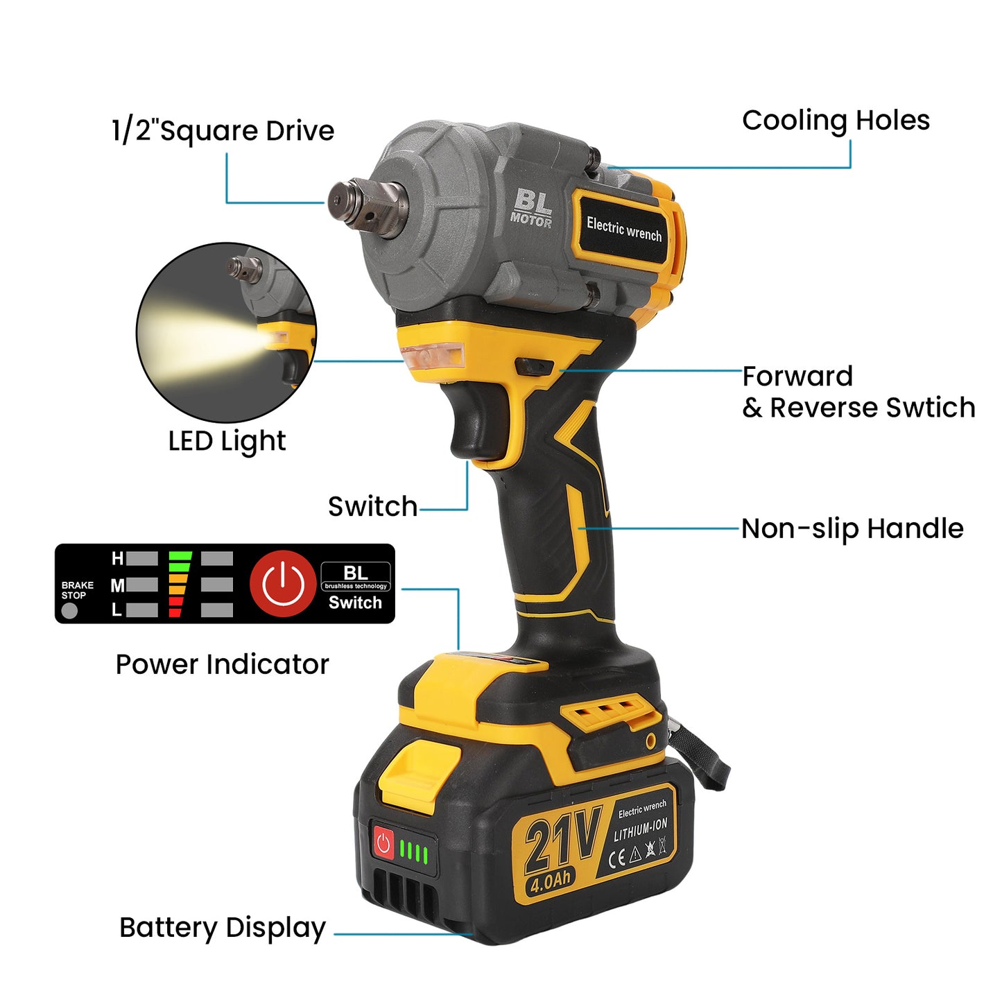 Slagmoersleutel – Accu Slagmoersleutel – Elektrische Slagmoersleutel – Slagschroevendraaier – Momentsleutel – 1000 Nm Koppel – Brushless Motor & LED Werkverlichting
