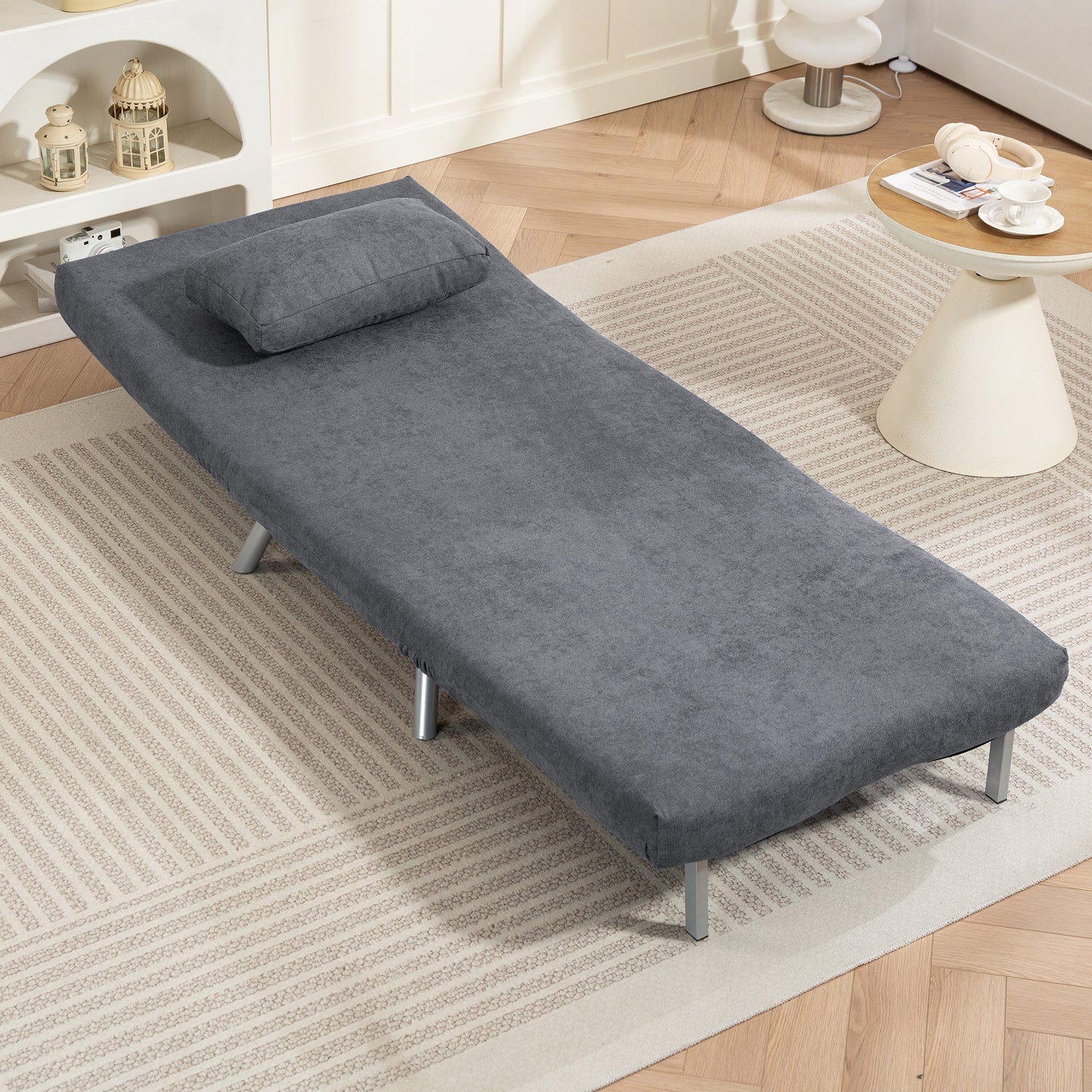 Slaapfauteuil – Slaapstoel – Fauteuil – Logeerbed – Vouwbed – 3-in-1 Design – Donkergrijze Stof – Inclusief Kussen