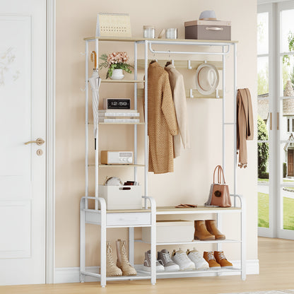 Kapstok 5-in-1 – Kapstok met Zitbank – Schoenenrek – Jassenrek – Opbergkast – Golden Oak-Wit – Inclusief 17 Haken en 3-laags schoenenrek