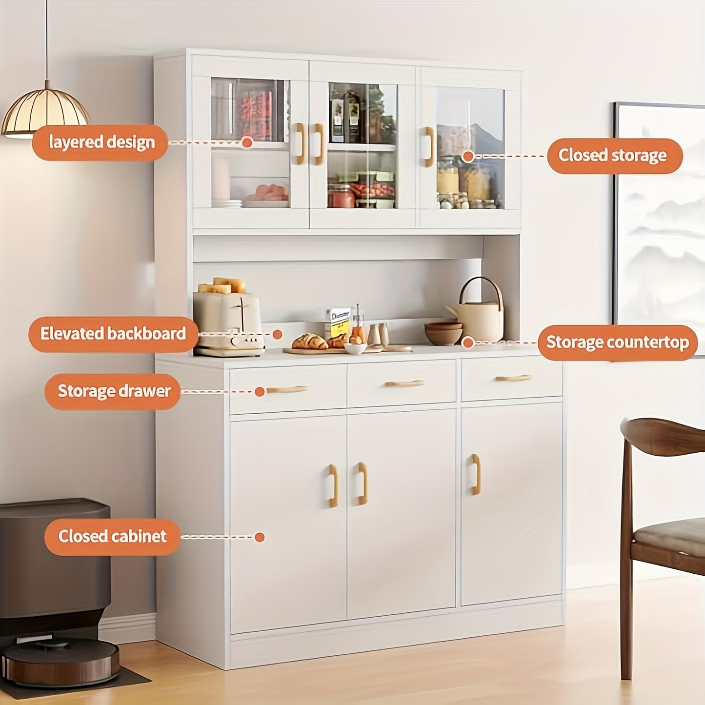 Keukenkast – Keukenbuffet – Opbergkast – Keukenmeubel – Kast Met Glazen Deuren – 170x100x30 cm – Wit – Hout – 6 Kasten – 3 Lades – Duurzaam & Vochtbestendig