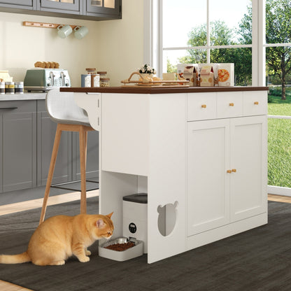 Kitchen Island, Kitchen Trolley, and Cutlery Cabinet with Drawers | Features Pull-Out Worktop, Spice Rack, and Pet Feeding Area (Cat Bowl Rack Not Included) | Size: 120 × (40 + 30) × 90 cm | Modern Metal Construction, Floor