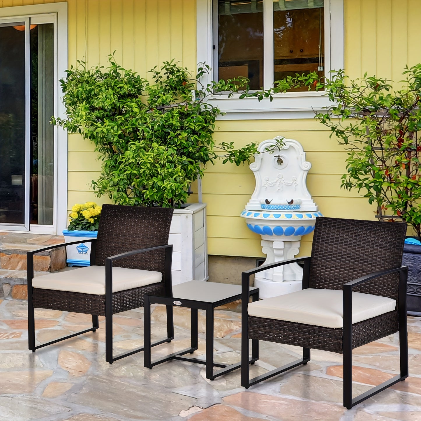 2-Persoons Tuinset – Tuinmeubel Set – Balkonset – Terrasmeubilair – Buitenmeubels – Bruin Rattan – Crème Kussens – Weerbestendig & Compact