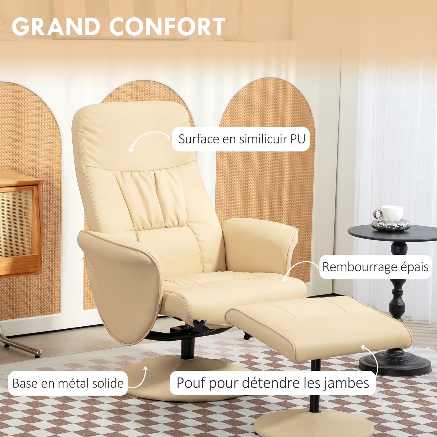 Relaxstoel – Relaxfauteuil – Draaifauteuil – Loungestoel – Fauteuil – 360° Draaibaar – Verstelbare Rugleuning Tot 145° – Beige Synthetisch Metalen Frame