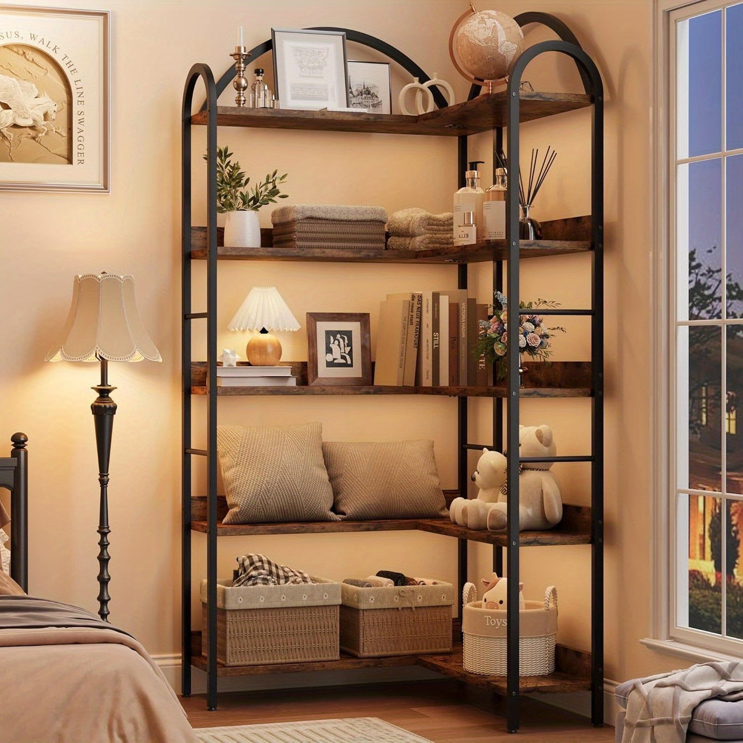 Hoekboekenkast – Hoekrek – Boekenplank – Opbergkast – Boekenkast – 173,99 cm Hoog – Verstelbare Planken – Stalen Frame – Industrieel Design – Zwart