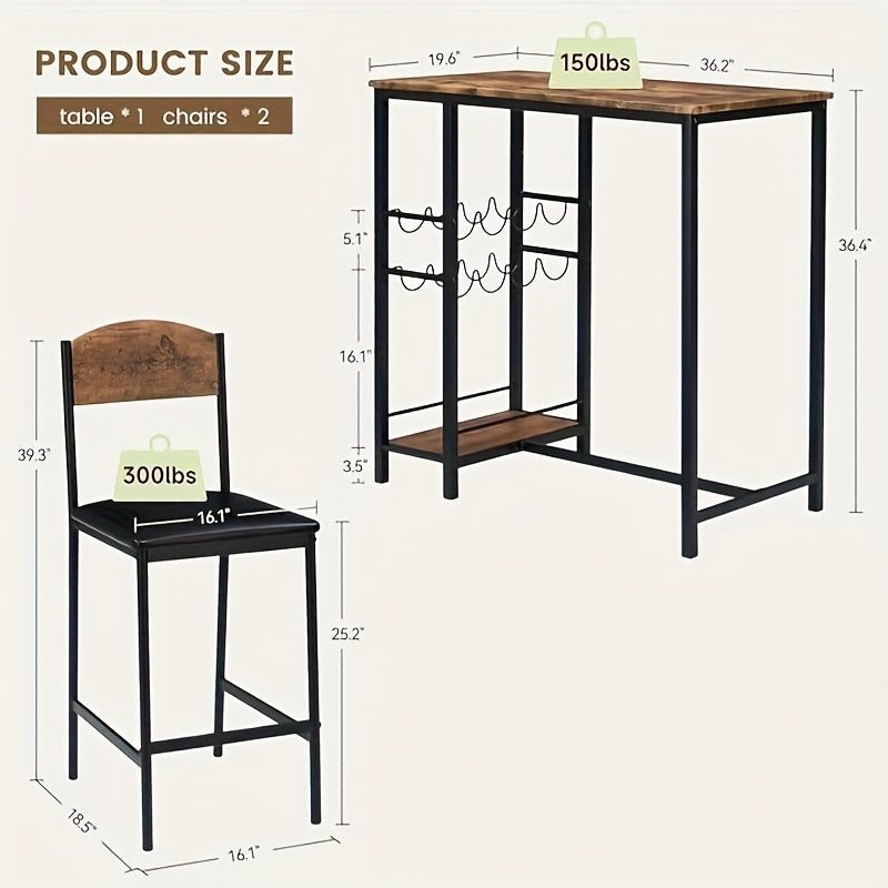 Dining Bar Table Set for 2 with Wine Rack and Storage Shelf, Bar Counter Table with 2 Footrest Chairs, Dining Table Set for 2, High Top Table and Chairs for 2 with Upholstered Chairs, 119.38cm Table