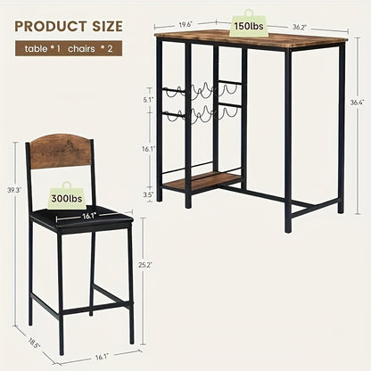 Dining Bar Table Set for 2 with Wine Rack and Storage Shelf, Bar Counter Table with 2 Footrest Chairs, Dining Table Set for 2, High Top Table and Chairs for 2 with Upholstered Chairs, 119.38cm Table