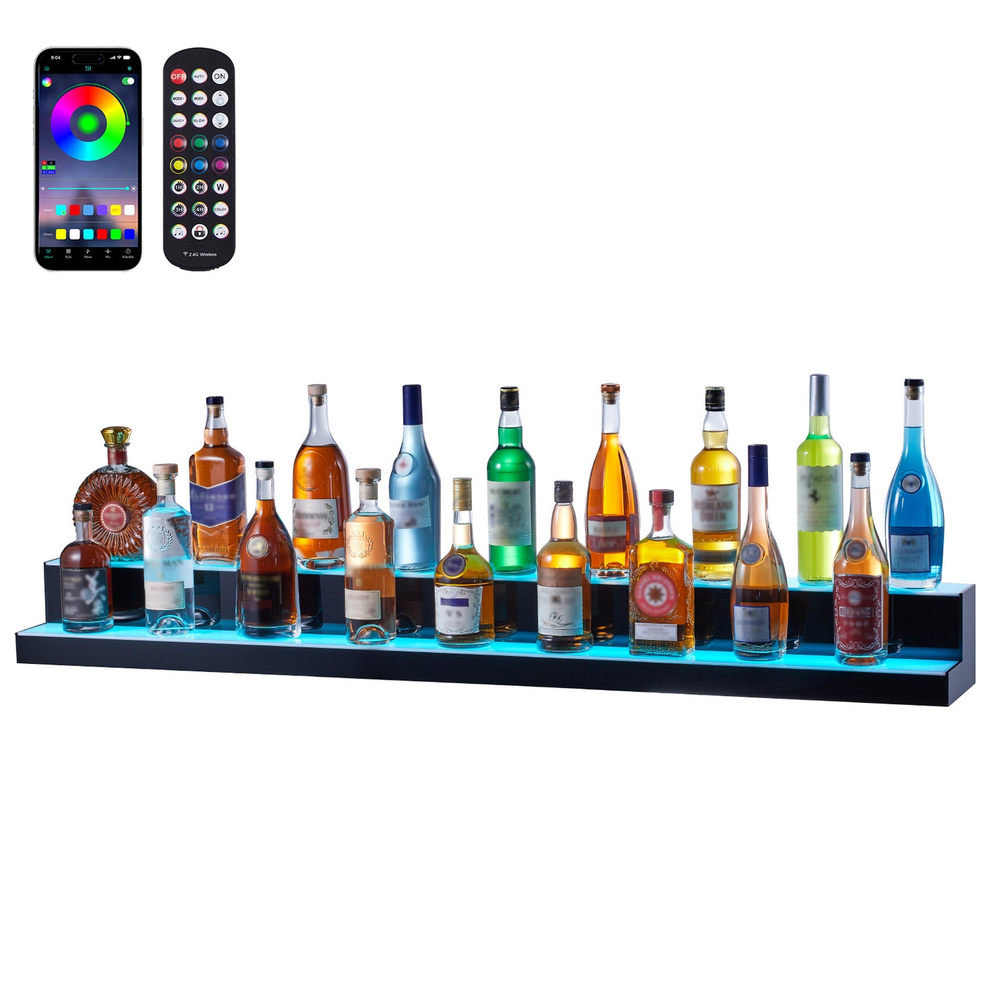 LED-Displaykast – Vitrinekast – Barplank – Flessenhouder – Displayrek – LED-Verlichting 60 Lampjes/m – RF- en App-Bediening